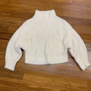 Express Fuzzy Knit Mock Neck Cropped Sweater Womens XS IvoryPullover Cozy Winter